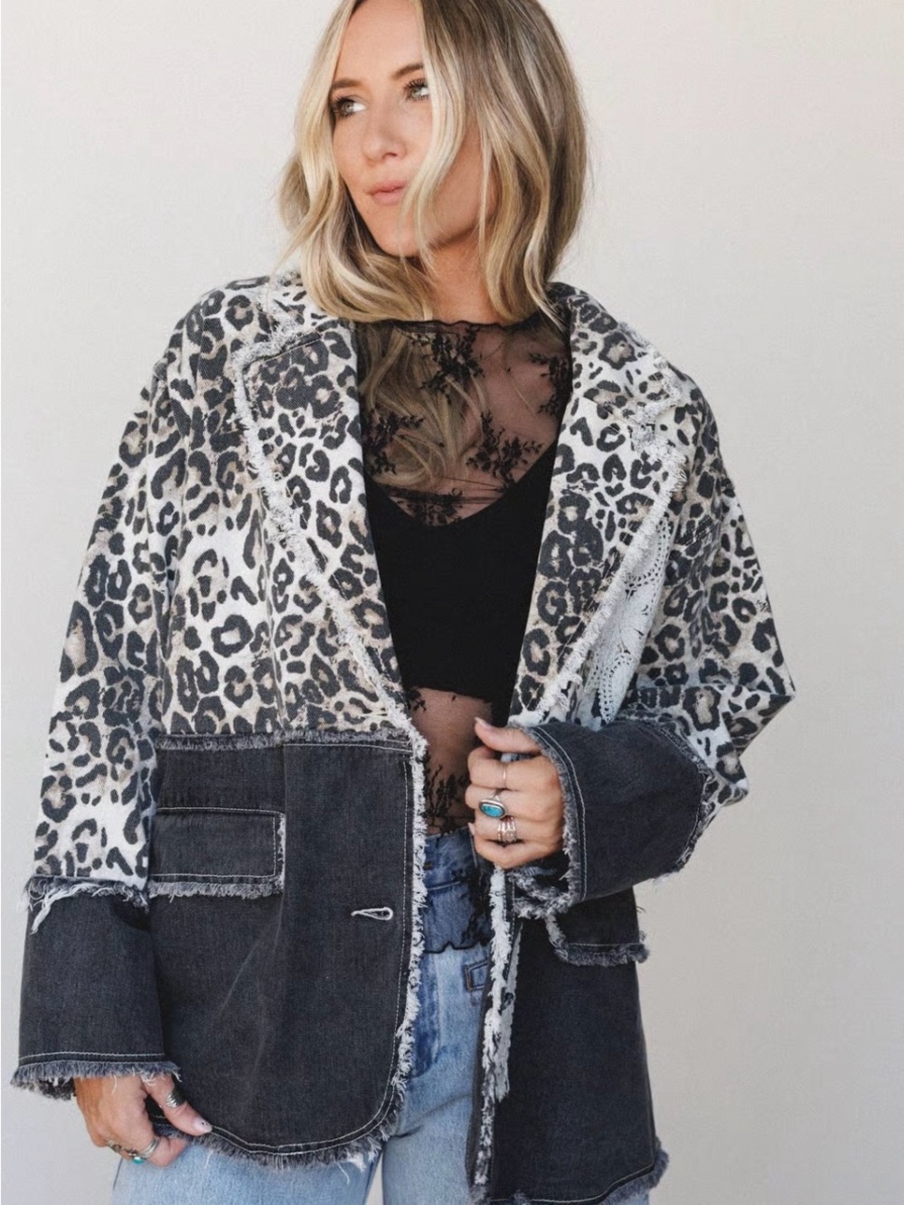 POL camo and denim mixed-fabric blazer with lace applique oversized fit
